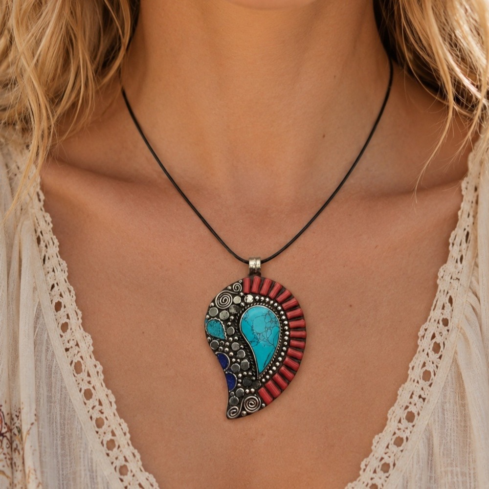 Turquoise Red Coral Lapis Pendant Only Tibetan Handmade Gemstone Boho Artisan